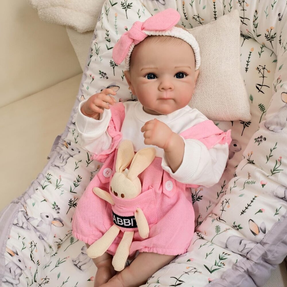 🆕18Inch Realistic Full Vinyl Body Newborn Girl Pink Overalls Bunny Accessory - Picture 3 of 5